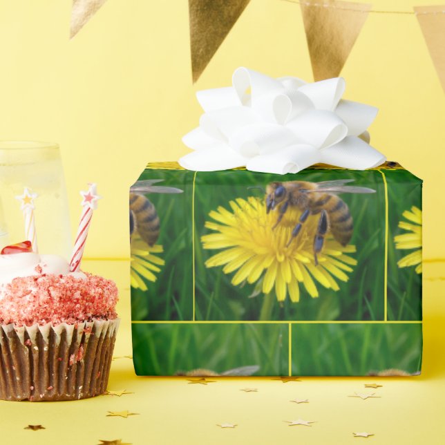 Honey Bee On a Yellow Dandelion Wrapping Paper (Birthday Party)