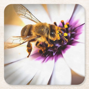 Honey Bee On African Daisy Acrylic Art Square Paper Coaster