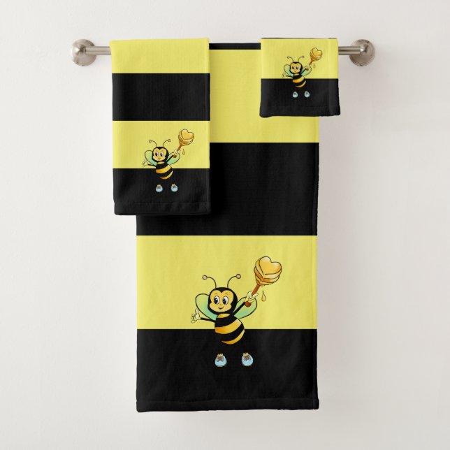 Honey Bee on Black and Yellow Striped Bath Towel S (Insitu)