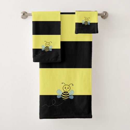 Honey Bee on Black and Yellow Striped Bath Towel Set