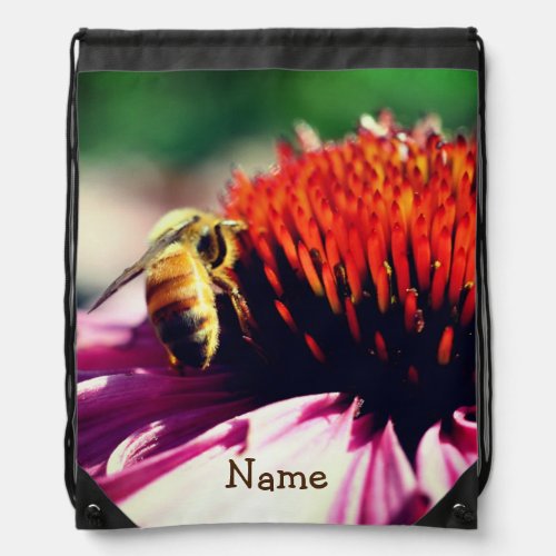 Honey Bee On Coneflower Close Up Personalized Drawstring Bag