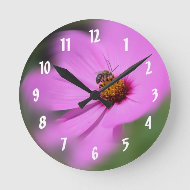 Honey Bee On Cosmos Flower Art Round Clock (Front)