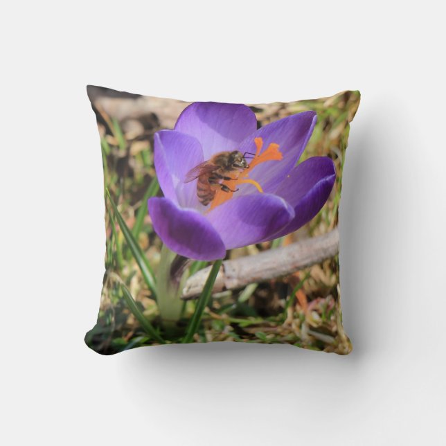 Honey Bee On Crocus Throw Pillow (Front)