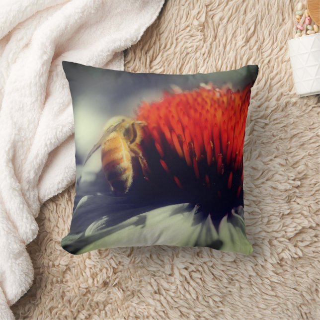 Honey Bee On Echinacea Flower Throw Pillow (Blanket)