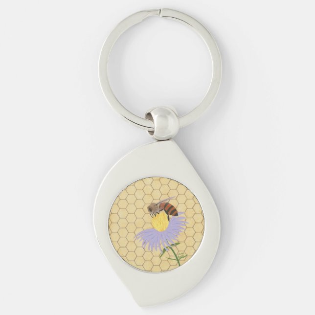 Honey bee on flower honeycomb background keychains (Front)
