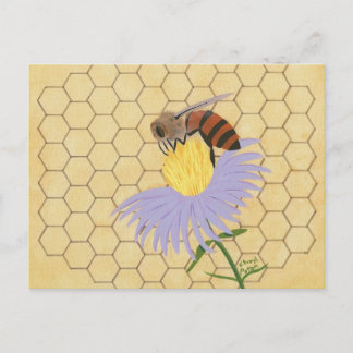 Honey bee on flower honeycomb background postcards