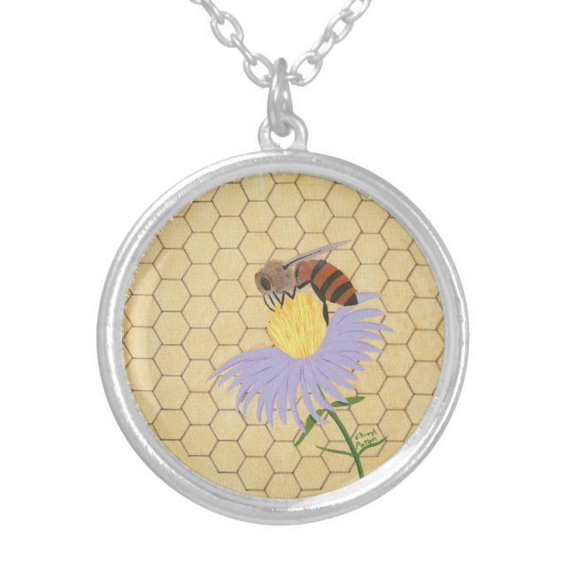 Honey bee on flower honeycomb painting necklaces (Front)