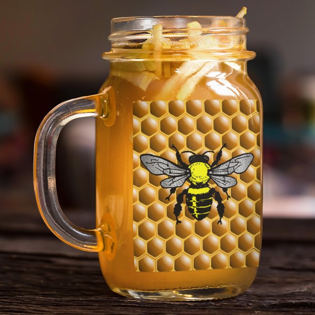 Honey Bee on Honeycomb Beekeeper Apiary Mason Jar (Creator Uploaded)