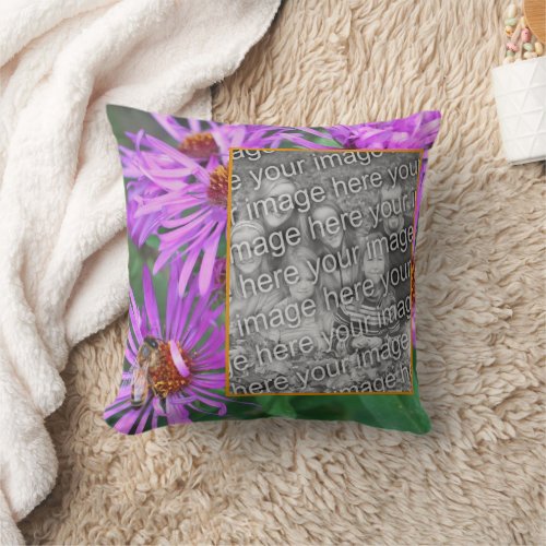 Honey Bee On Pink Aster Flower Add Your Photo  Throw Pillow