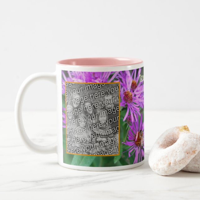 Honey Bee On Pink Aster Flower Add Your Photo  Two-Tone Coffee Mug (With Donut)