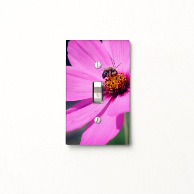 Honey Bee On Pink Cosmos Flower Close Up    Light Switch Cover (In Situ)
