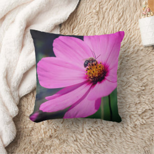 Honey Bee On Pink Cosmos Flower Close Up Throw Pillow