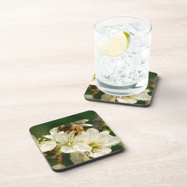 Honey Bee on Plum Blossom Hard Plastic Coaster (Right Side)