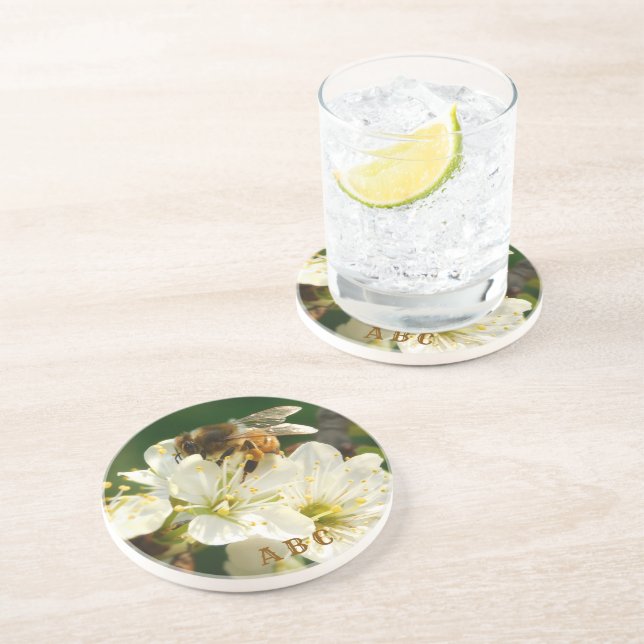 Honey Bee on Plum Blossom Sandstone Coaster (Side)