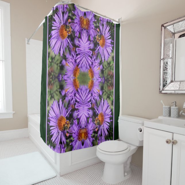 Honey Bee On Purple Aster Flower Abstract Shower Curtain (In Situ)