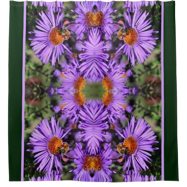 Honey Bee On Purple Aster Flower Nature Art Shower Curtain (Front)