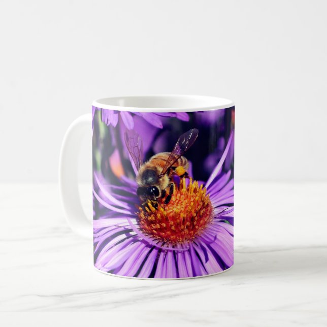 Honey Bee On Purple Aster Flower Personalized Coffee Mug (Front Left)