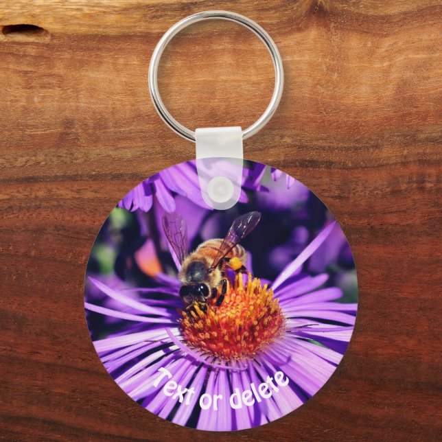 Honey Bee On Purple Aster Flower Personalized Keychain (Front)