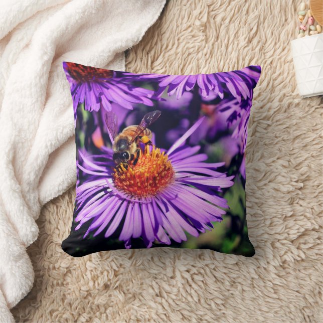 Honey Bee On Purple Aster Flower  Throw Pillow (Blanket)