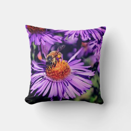 Honey Bee On Purple Aster Flower  Throw Pillow