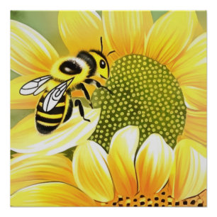 Honey Bee On Sunflower Cute Naive Art Poster