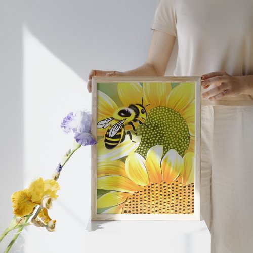 Honey Bee On Sunflower Cute Naive Art Poster