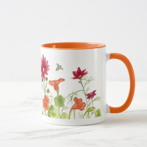 Honey Bee Orange Nasturtiums Painted Daisy Flowers Mug