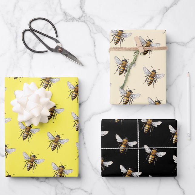 Honey Bee Pattern Yellow Black Wrapping Paper Sheets (Front)