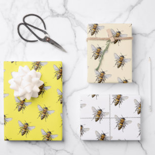 Honey Bee Pattern Yellow White Beige Wrapping Paper Sheets