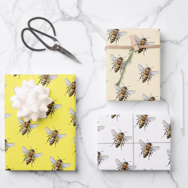 Honey Bee Pattern Yellow White Beige Wrapping Paper Sheets (Front)