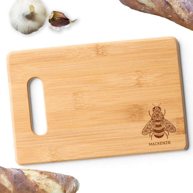 Honey Bee Personalized Name Engraved Cutting Board (Modern custom name personalized honey bee bamboo cutting board)