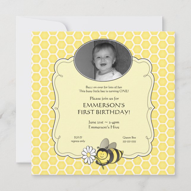 Honey Bee Photo Birthday Invitation (Front)