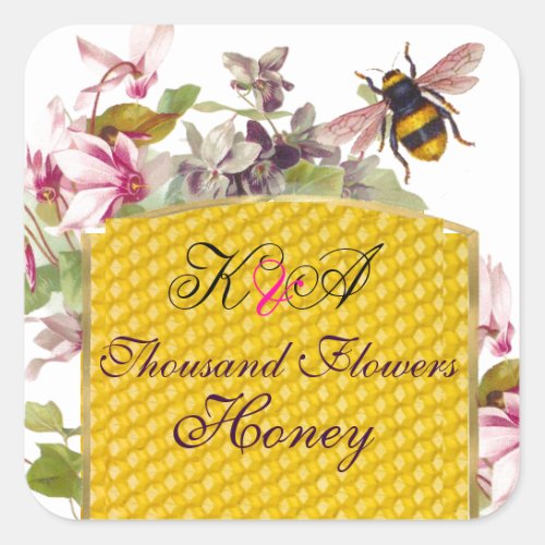 HONEY BEEPINK CYCLAMEN FLOWERS BEEKEEPER MONOGRAM SQUARE STICKER