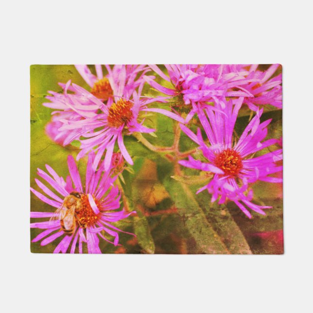 Honey Bee Pink New England Aster Flower Abstract   Doormat (Front)