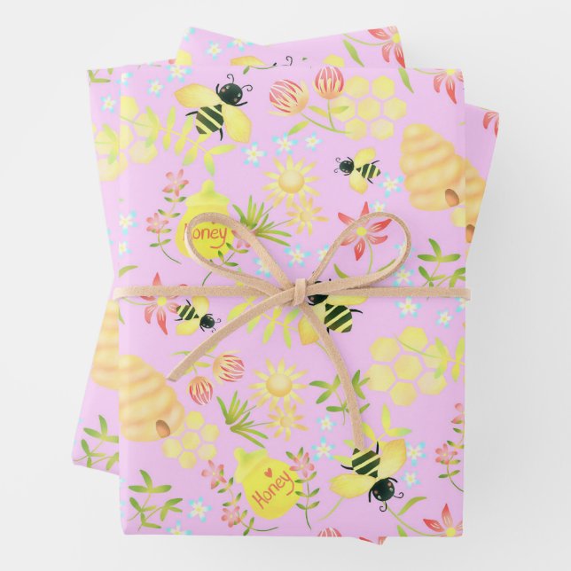 Honey Bee Pink Wrapping Paper Sheets (In situ)