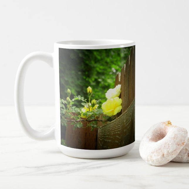 Honey Bee Pollinating Yellow Rose Hedge Coffee Mug (With Donut)