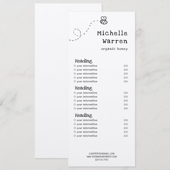 honey bee price list or services card (Front/Back)