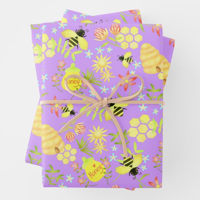 Honey Bee Purple Wrapping Paper Sheets (In situ)
