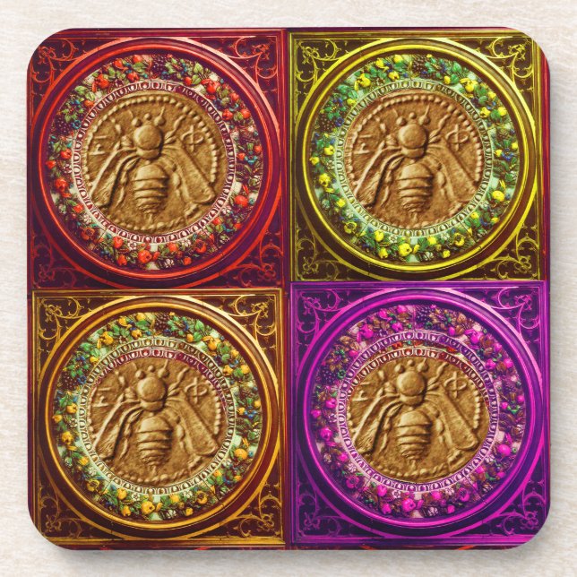 HONEY BEE / RED GREEN FLORENTINE FLORAL CROWN BEVERAGE COASTER (Front)