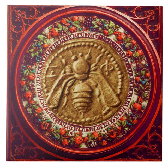HONEY BEE / RED GREEN FLORENTINE FLORAL CROWN CERAMIC TILE (Front)