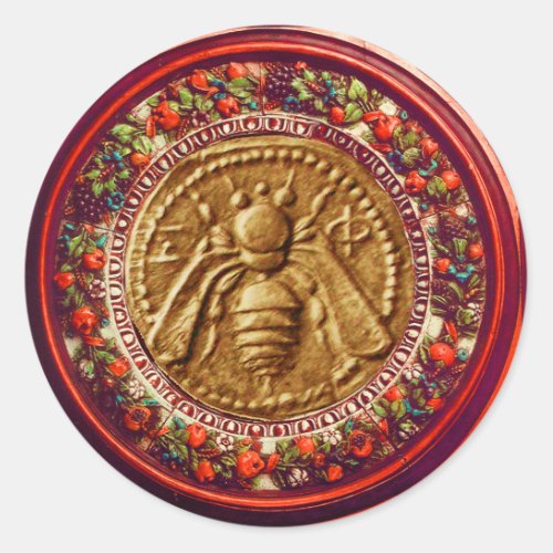 HONEY BEE  RED GREEN FLORENTINE FLORAL CROWN CLASSIC ROUND STICKER