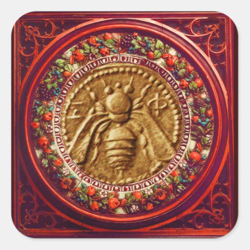 HONEY BEE  RED GREEN FLORENTINE FLORAL CROWN SQUARE STICKER