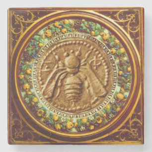 HONEY BEE / RED GREEN FLORENTINE FLORAL CROWN STONE COASTER