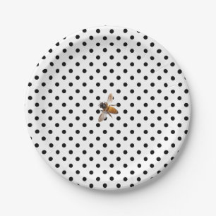 Honey Bee retro black white polka-dot pattern Paper Plates
