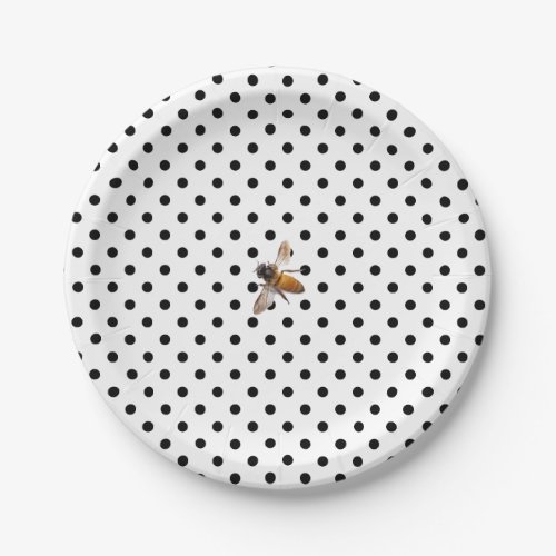Honey Bee  retro black white polka_dot pattern Paper Plates