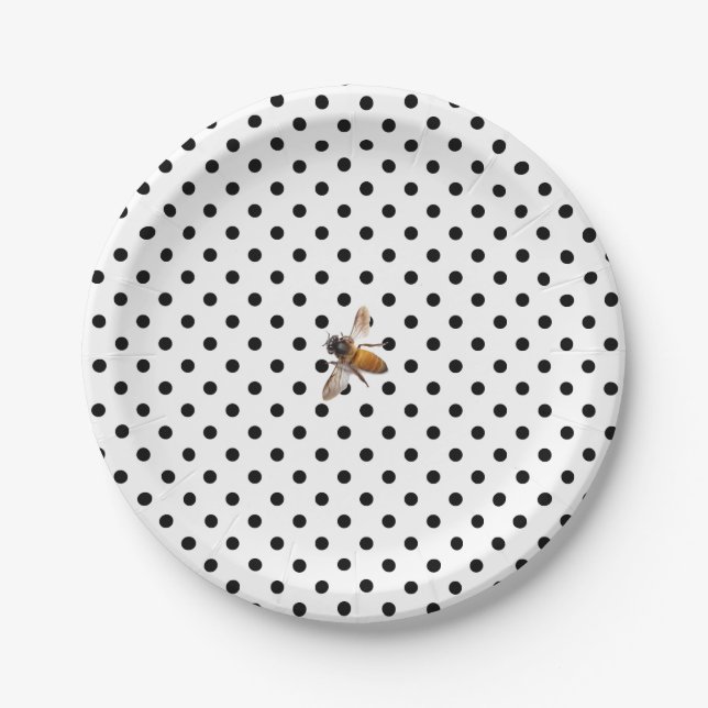 Honey Bee | retro black white polka-dot pattern Paper Plates (Front)
