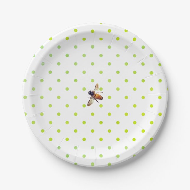Honey Bee | retro green white polka-dot pattern Paper Plates (Front)