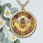 Honey Bee Rose Stained Glass Gold Plated Necklace<br><div class="desc">On this unique necklace is the image of a gold honey bee against a stained glass style background. A border with red and pink roses and a subtle light glow adds interest to the design. Elegant, bright, and colorful! Be sure to see the matching earrings and key chain in our...</div>
