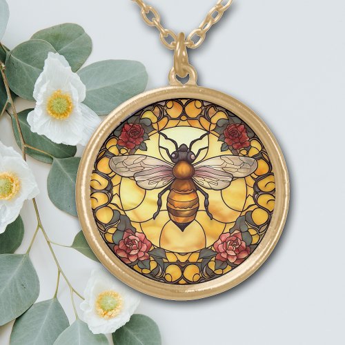 Honey Bee Rose Stained Glass Gold Plated Necklace