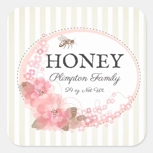 Honey Bee Rustic Floral Striped Beige Square Sticker (Front)